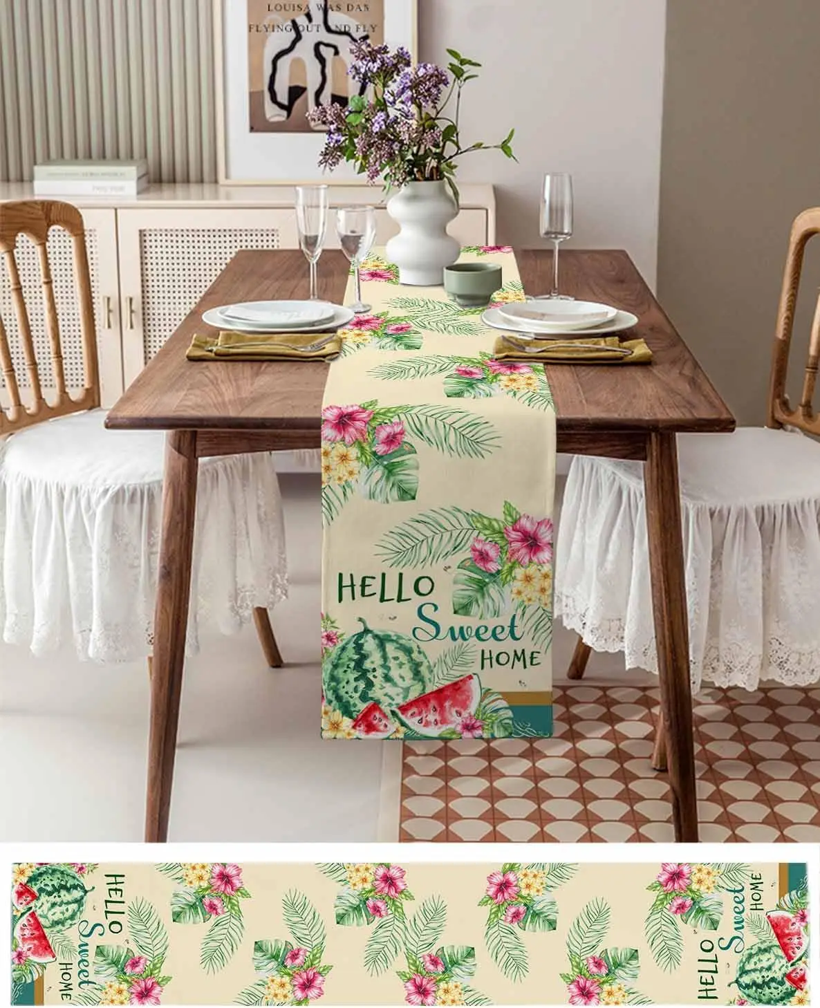 Summer Watermelon Floral Linen Table Runner Party Decor Tropical Palm Leaf Hibiscus Kitchen Dining Table Runners Home Decoration