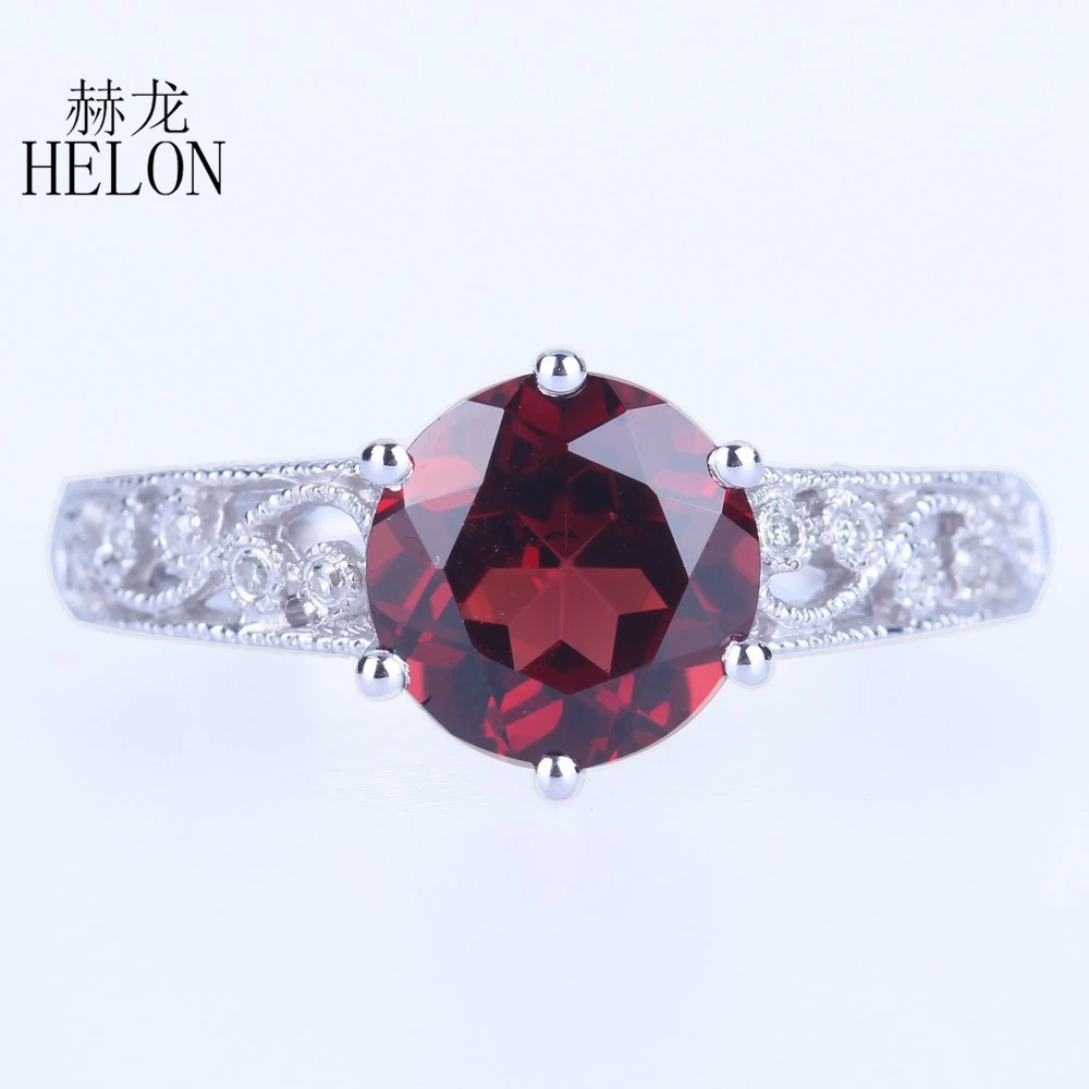 HELON Solid 14K White Gold Round 8mm Genuine Garnet Gemstone Engagement Ring Women Real Diamonds Antique Vintage Fine Jewelry