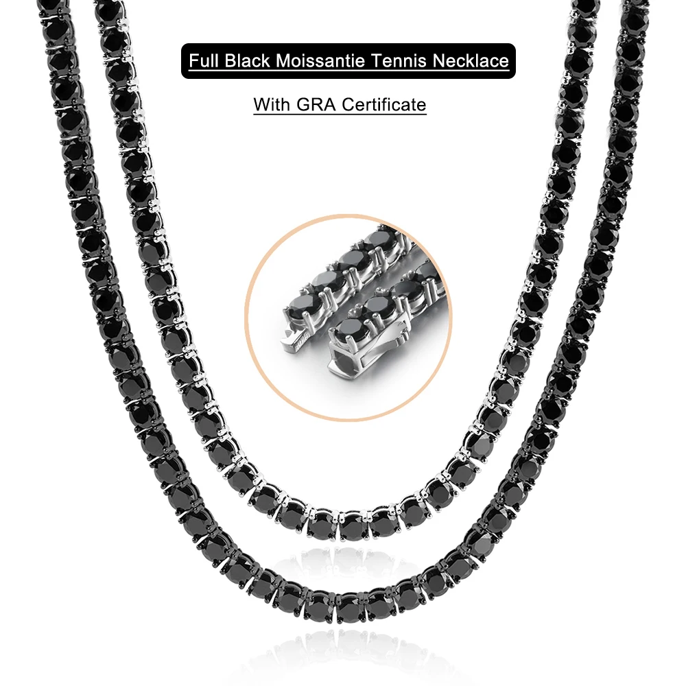 3mm 4mm 5mm 6.5mm Full Black Big Moissanite Tennis Necklace For Women Man With Certificate S925 Silver Plated 18K Fine Jewelry