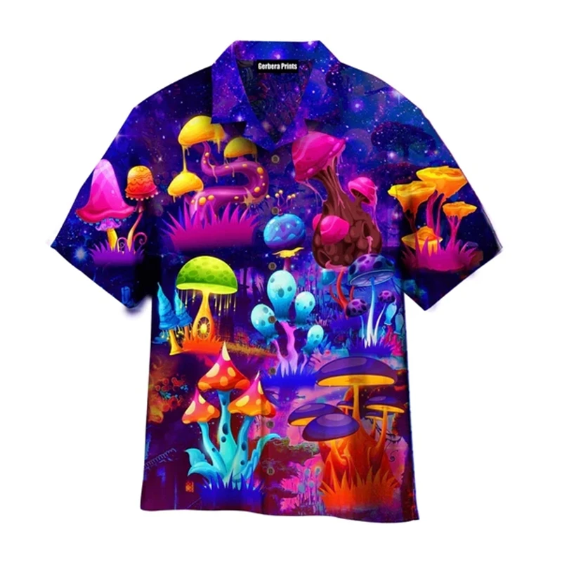 

Summer Men's Hawaiian Shirt Lapel Short Sleeve Colorful Element Mushroom Pattern 3D Print Button Trend Casual Shirt Tops Clothes
