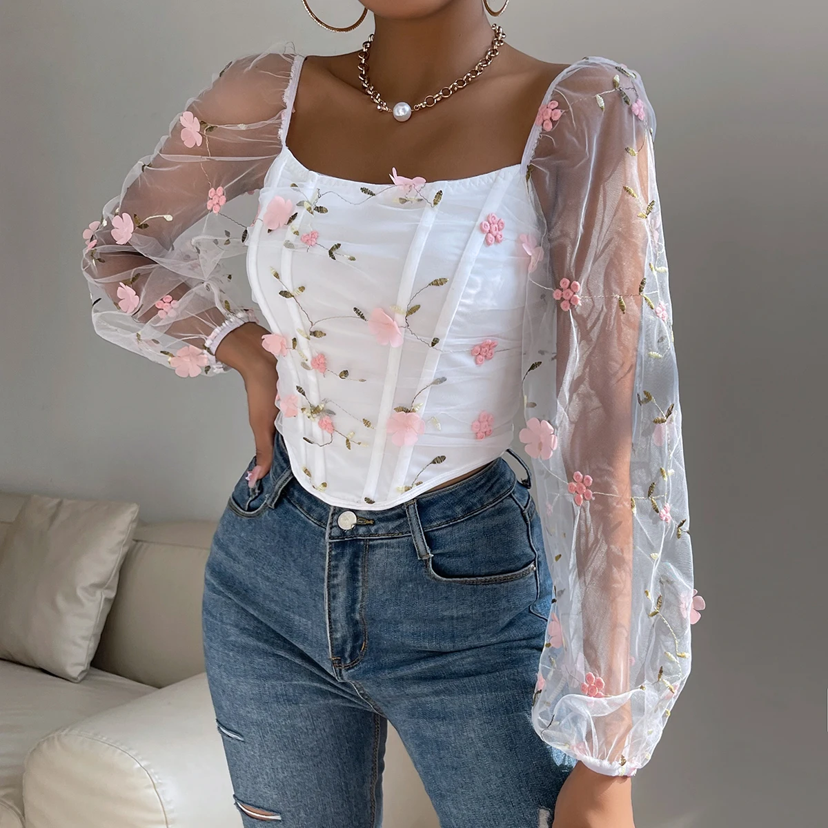 Vemina Sexy​ Embroidery Long Sleeve Slim Tops For Women Summer,Hollow Mesh Sheer Backless Puff Sleeve Fishbone Skinny Crop Top