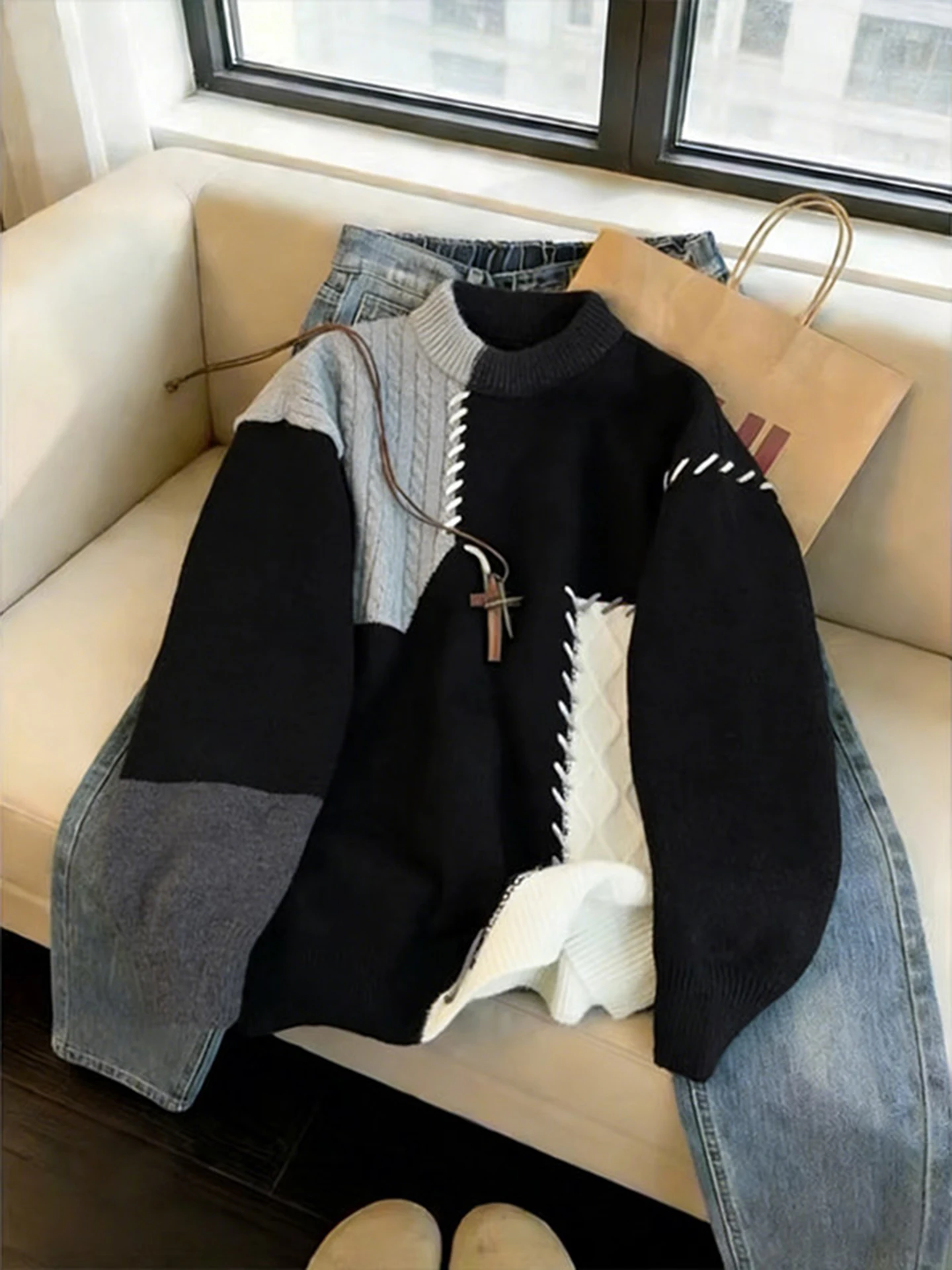 

Американский ретро-джемпер с круглым вырезом, мужской, утепленный, зимний, с цветными блоками, повседневная верхняя одежда с длинным рукавом, молодежный стиль