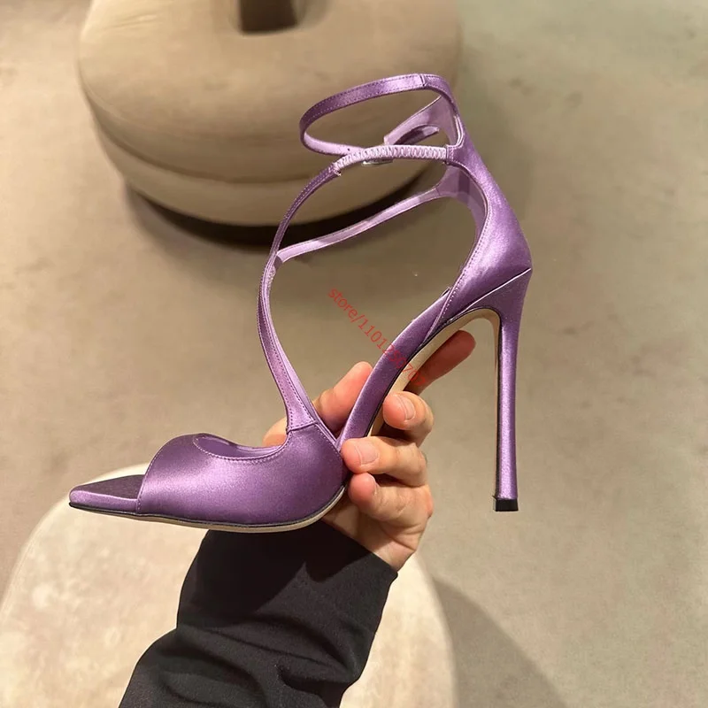 Satin Purple High Heel Sandals Woman High Quality Gladiator Rome Sandals Summer Ankle Strap Runway Wedding Party Shoes 9.5CM