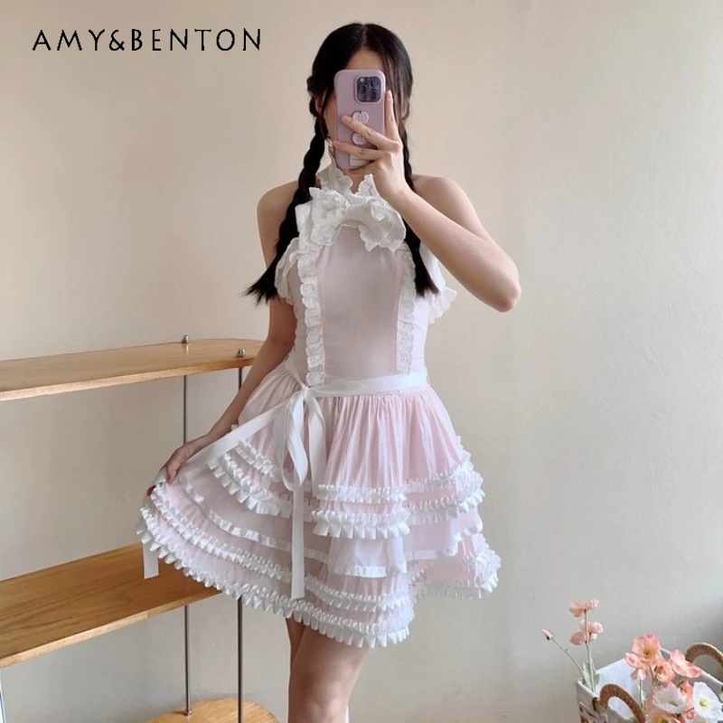 

2025 Summer New Pink Layered Heavy Craft Women's Cake Dress Korean Design Sweet Cute Age-Reducing Bow Sleeveless Dresses ladies