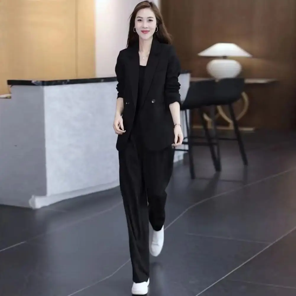 Women Long-sleeve Coat Elegant Women's Formal Coat Pants Set with Double Buttons Cardigan Mid Length Jacket Wide for Business
