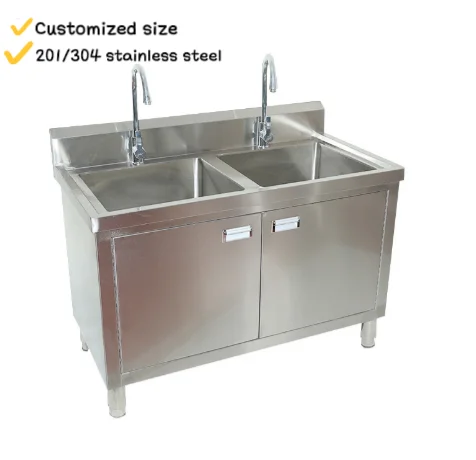 Cheap Price Two Compartment Customized Free Standing Commercial Kitchen Sink Set Hot And Cold Faucet
