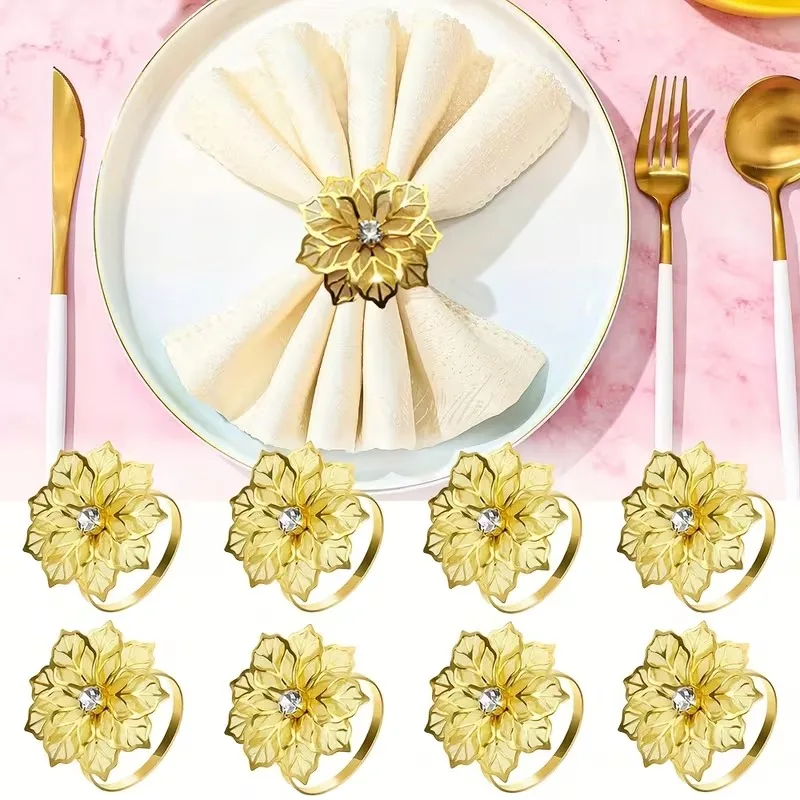 1-24PCS Gold Mesh Flower Napkin Ring Metal Elegant Table Dec