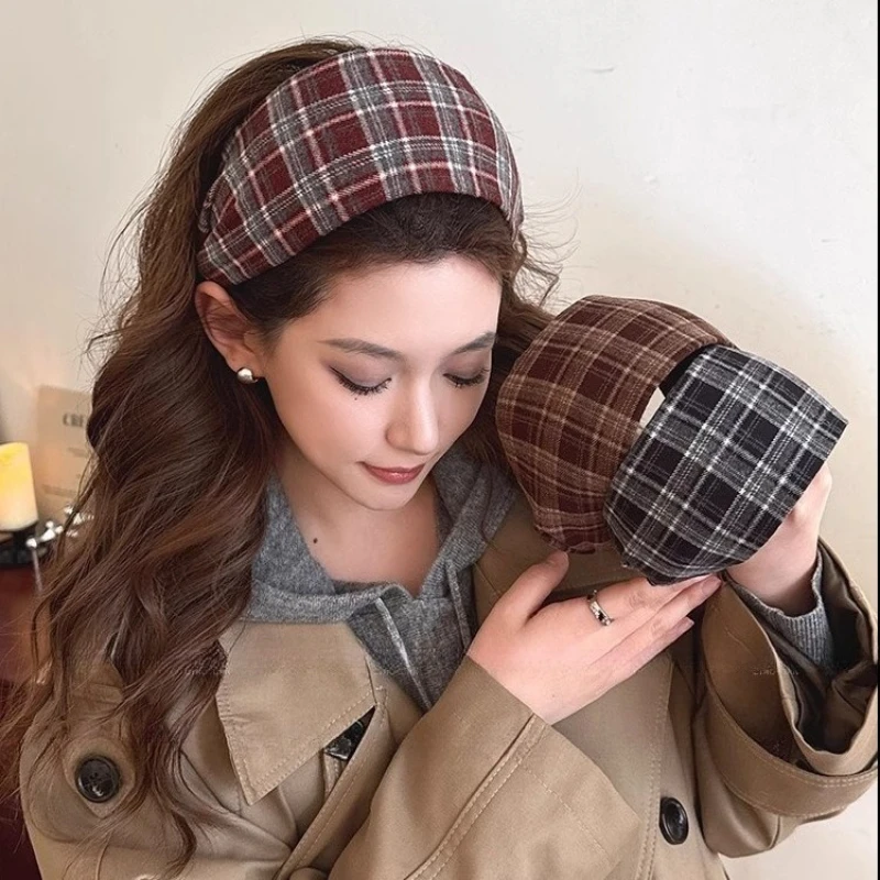 Vintage kariertes Stirnband, breites, rutschfestes Haarband für Frauen, Herbst und Winter, verdickte Haarreifen, Haarschmuck für Mädchen, Kopfband – Detail 8