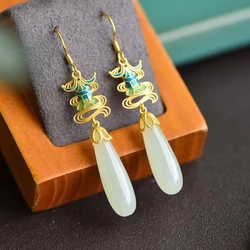Ancient gold craft inlaid natural Hetian jade pendant enamel porcelain long earrings Chinese style retro charm ladies jewelry