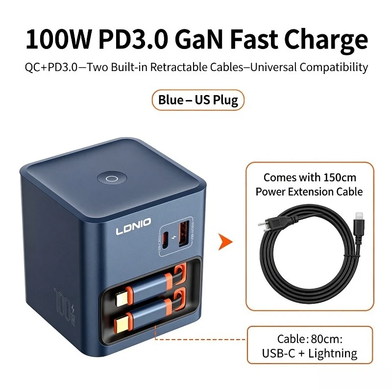 Global universal 35W65W100W gallium nitride self-contained telescopic cable typec fast charging charger
