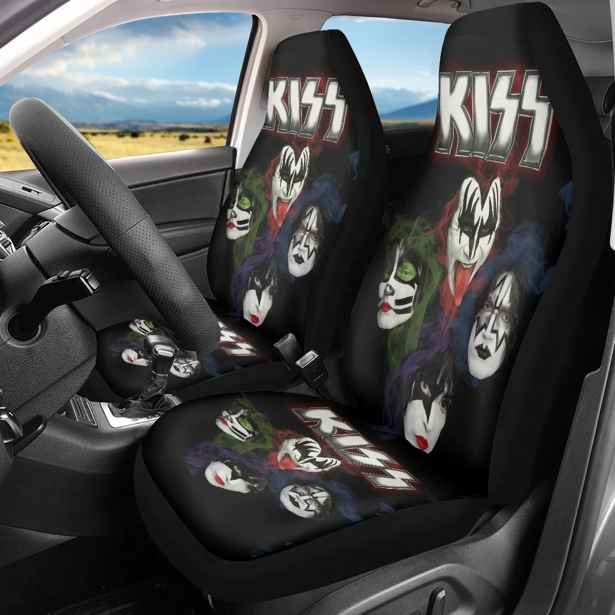 

Rock Band Kiss Print Car Front Vest Seat Cover Set of 2Pcs Auto Intorior Decor Sheet Easy to Install Durable Fit Most Sedan New