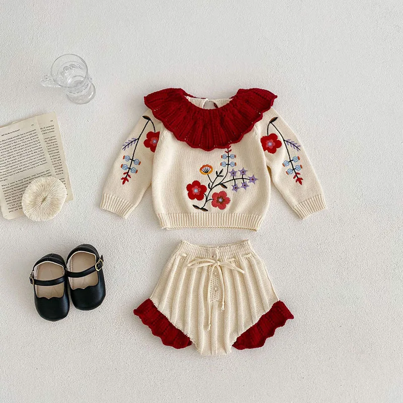 2026 Autumn Kids Flower Embroidered Knit Baby Set Ruffle Collar Blouse Tops+Shorts 2 Pcs Set for Toddler Soft Warm Girls Clothes