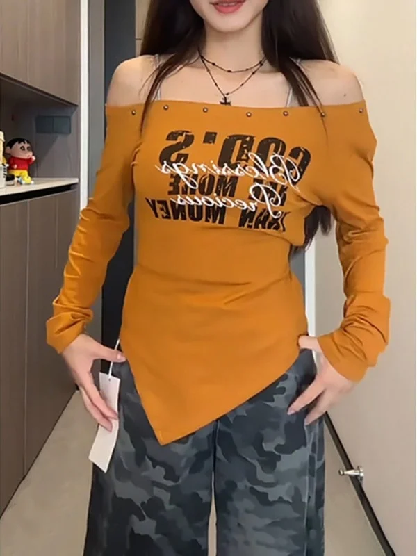 

Женская футболка больших размеров Long Sve с цветочным принтом и узлом на одно плечо, облегающий корейский осенний топ Ele Base Layer irt