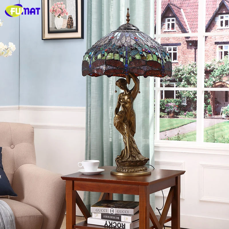 FUMAT European Style Pastoral Table Lamps Vintage Creative Art Stained Glass Stand Lights Tiffany Dragonfly Shade Table Lights