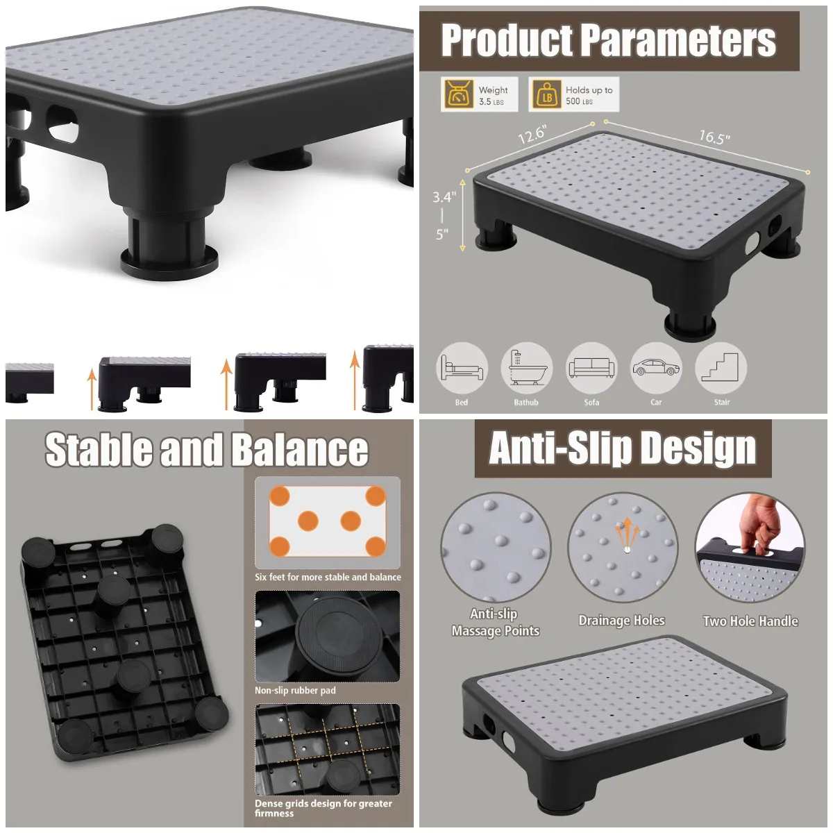 

Adjustable Step Stool for Adults, Kids & Seniors – Non-Slip Indoor/Outdoor Use, Portable Stair Aid, Black-Gray, 3.4-5'