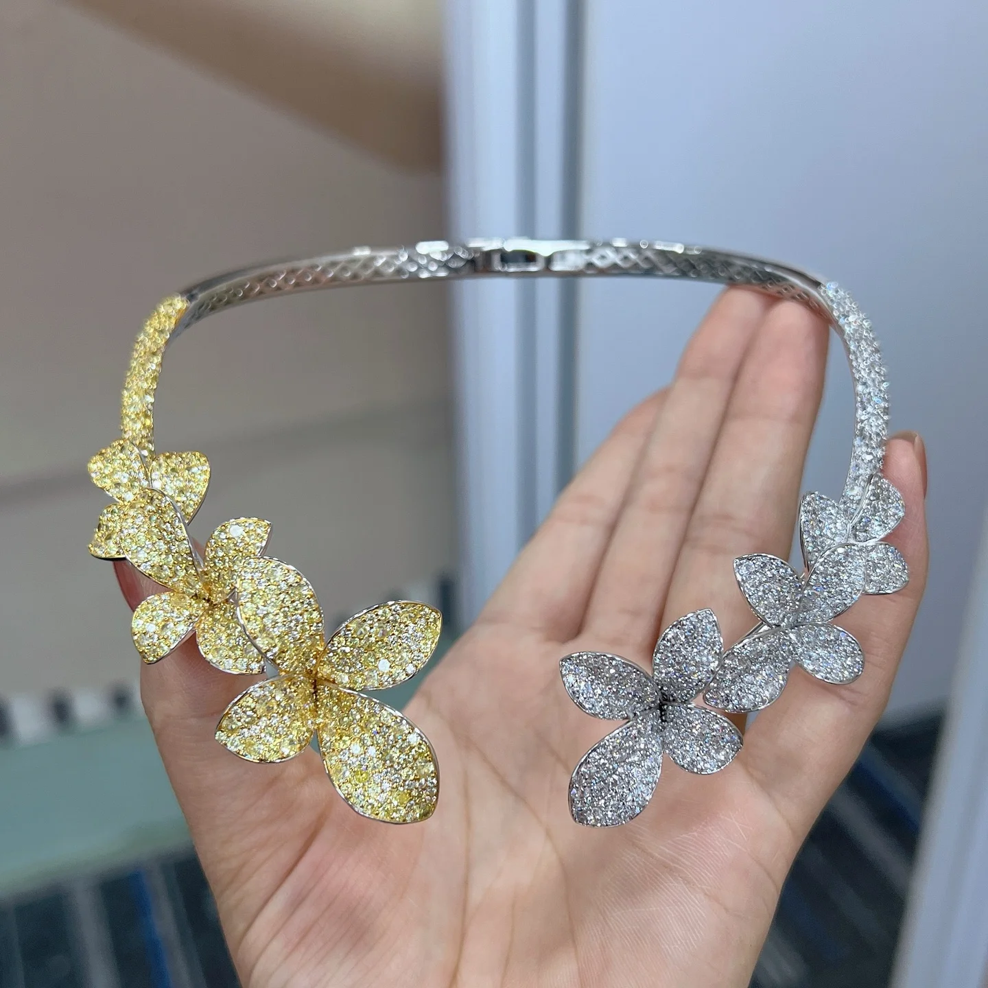 UAE moda de lujo 925 Plata de Ley hoja flor amarillo verde CZ gargantilla Collar para mujer joyería fina de fiesta
