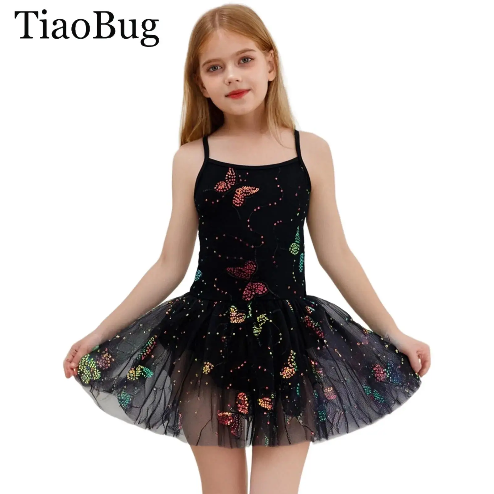 

Girls Shiny Sequin Ballet Dance Tutu Dress Cross Back Butterfly Embroidery Gymnastics Leotard Ballerina Performance Dancewear