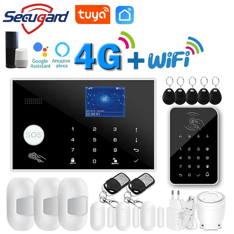 Tuya WiFi GSM Home Security Alarm System 4G Smart Burglar Host 433MHz Wireless TFT Screen RFID Touch Keyboard APP Control Alexa