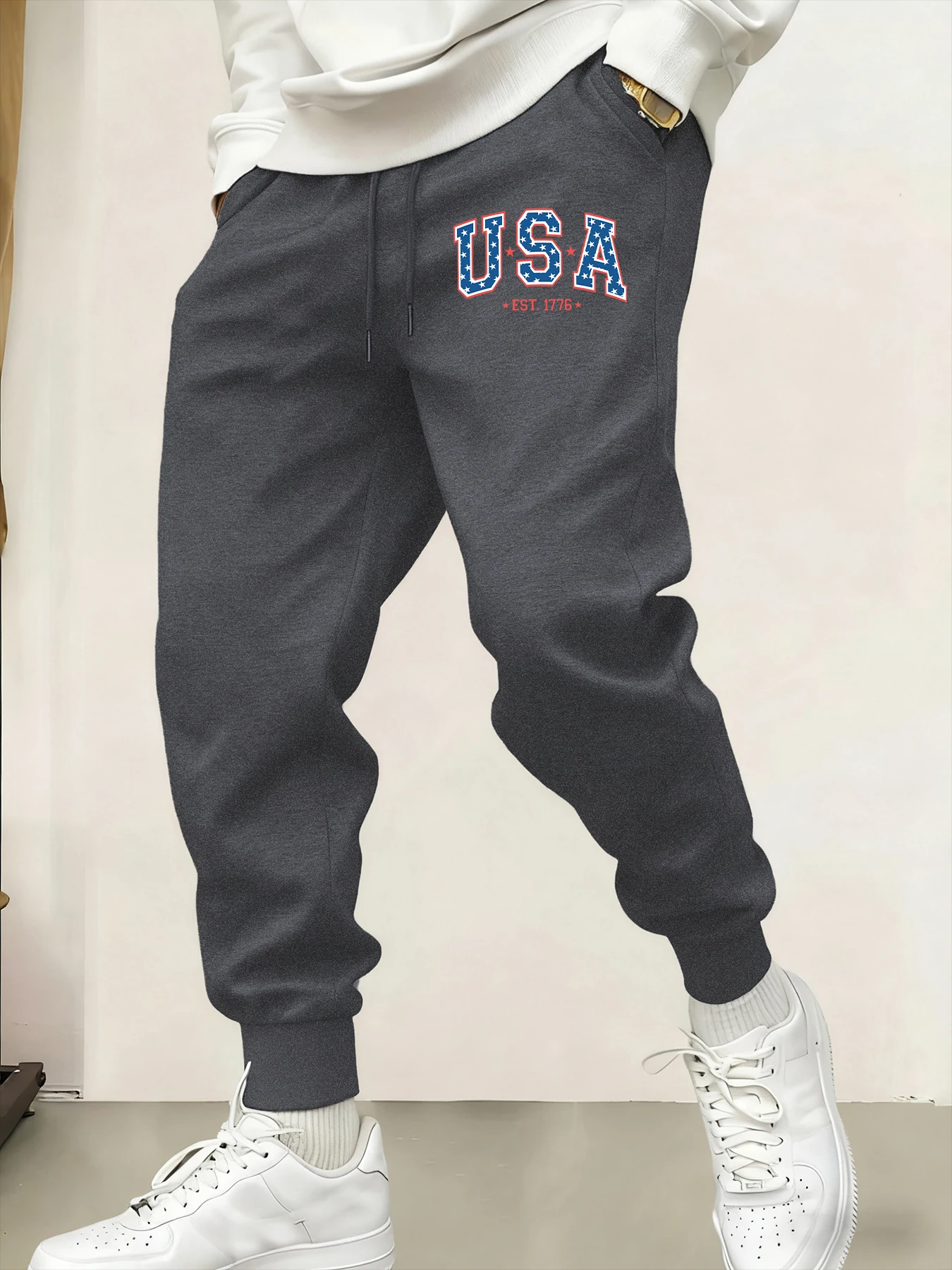 الإبداعية الولايات المتحدة الأمريكية Est 1776 رسالة نمط الرجال Sweatpant الركض بنطلون جيب مرونة الخصر السراويل لينة الرباط للجنسين بانت