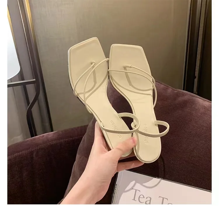 2024 New French Fine Strap Square Head Design Sense High Heels Pinch Toe Temperament Kitten and Slippers