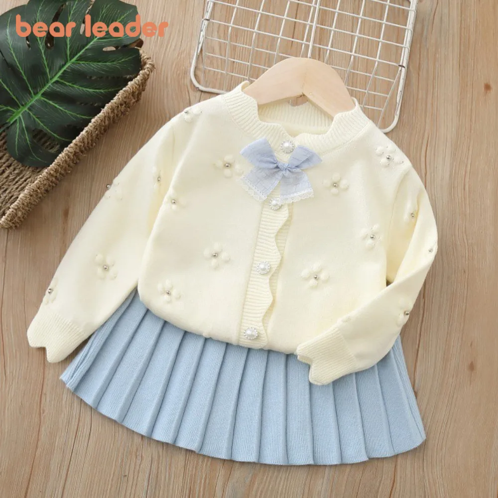 

Медведь Лидер в корейском стиле, однотонная вязаная одежда в студенческом стиле для девочек, осенне-зимний свитер с бантом, кардиган + плиссированная юбка, 2 шт.