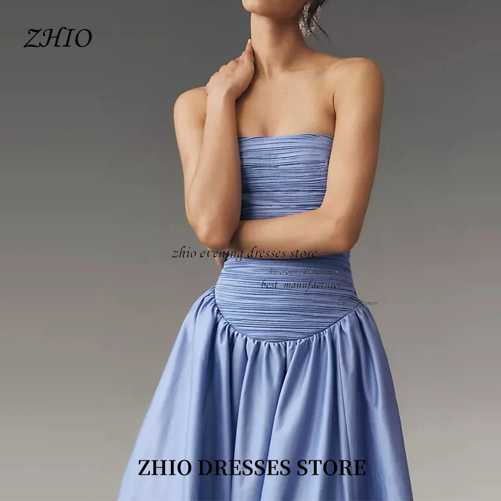 ZHIO Customized Gorgeous Blue Dubai Prom Dress Strapless Pleated Satin A Line Wedding Party Dresses فساتين سهرة