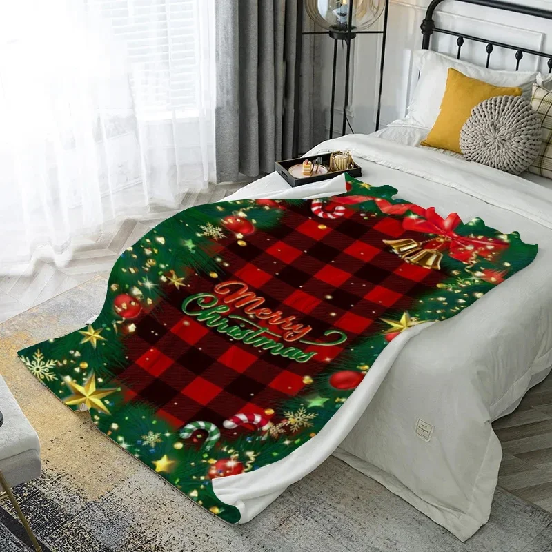 1 Stück Weihnachts-Fleecedecke mit Karomuster und Frohe Weihnachten und Dekorationen. Eine Decke zum Mitnehmen im Büro
