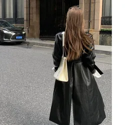 Retro Long Over Knee length leather jacket for women's autumn haute coat Temperament Windbreaker High-Quality Belt Windbreaker