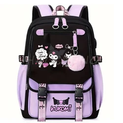 Interrupteur sac à dos en toile violet Kuromi Melody pour filles, cartable pour adolescentes, sac d'étudiant, sac à dos USB