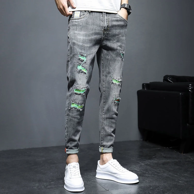 Men's Jeans Cropped Slim Fit Man Cowboy Pants with Holes Trousers Broken Torn Tight Pipe Elastic Skinny Stretch Ripped Retro Xs