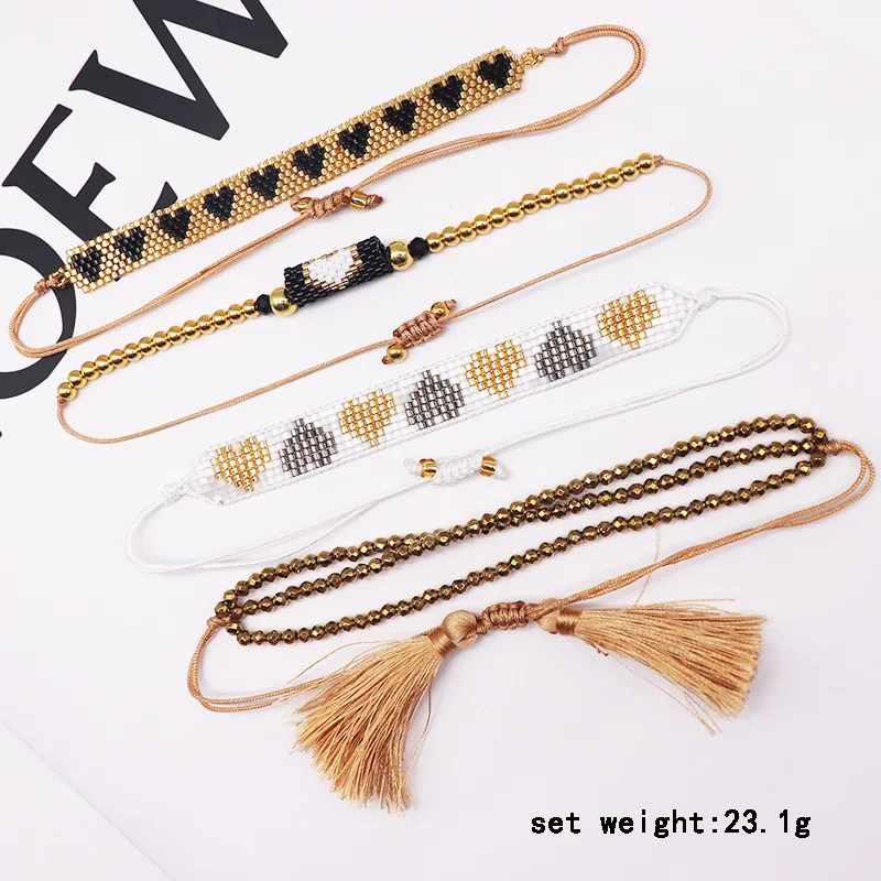 2024 European and American hip-hop fashion gold spade heart miyuki bracelet hand-woven steel ball crystal bracelet set