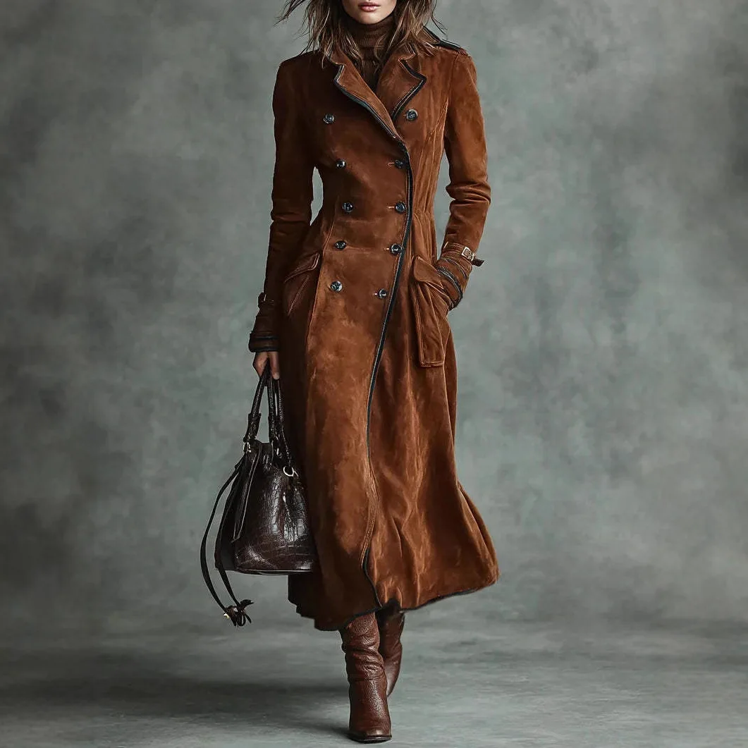 

European And American Amazon Cross-Border New Women's Clothing Autumn Winter Turn-Down Collar Western Style Suede Long Trench