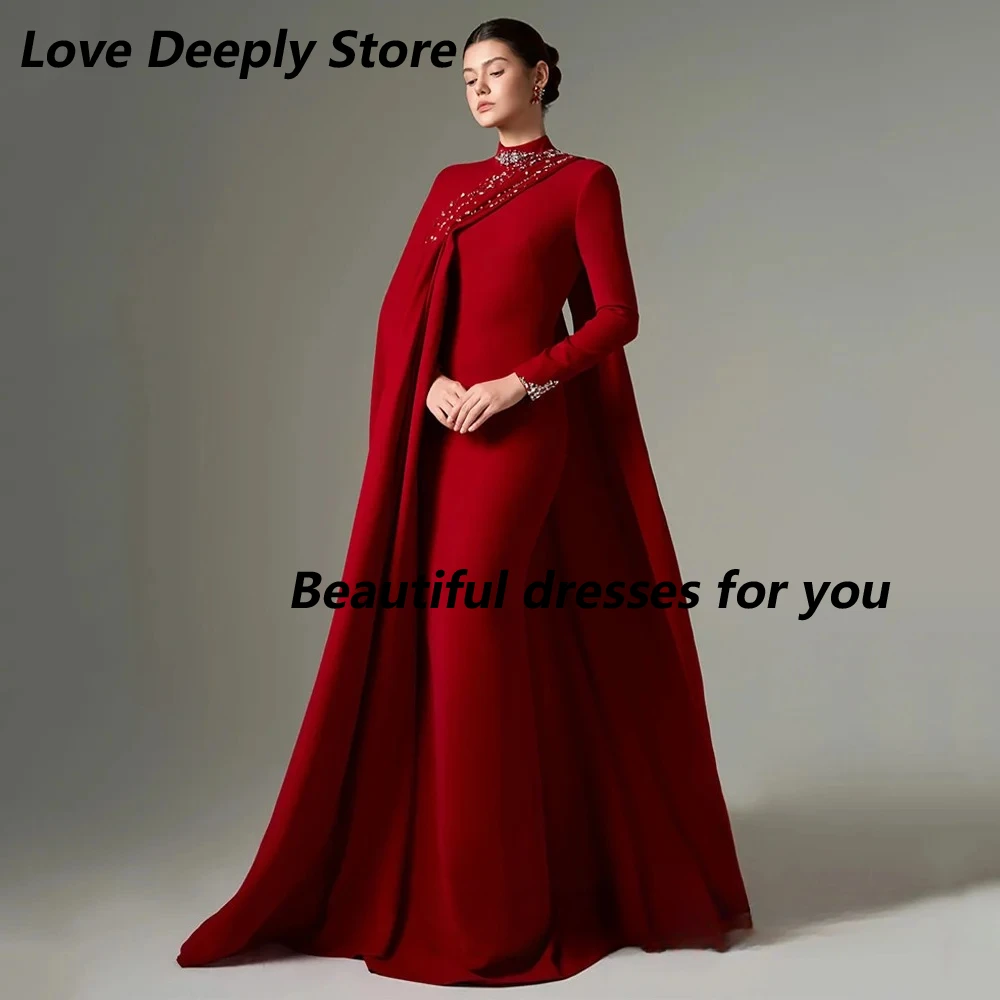 Saudi Arabic Formal Evening Dress with Cape Customized High Neck Long Sleeves Beading Stones Floor Length Mermaid  Prom Gown