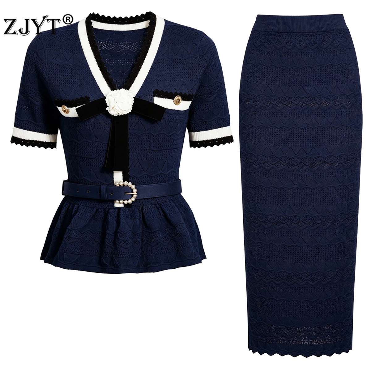 ZJYT Elegant Women's Long Dress Set Two Piece Outfit Blue Autumn Fashion Short Sleeve V Neck Knitted Suit Top Skirt Party Work