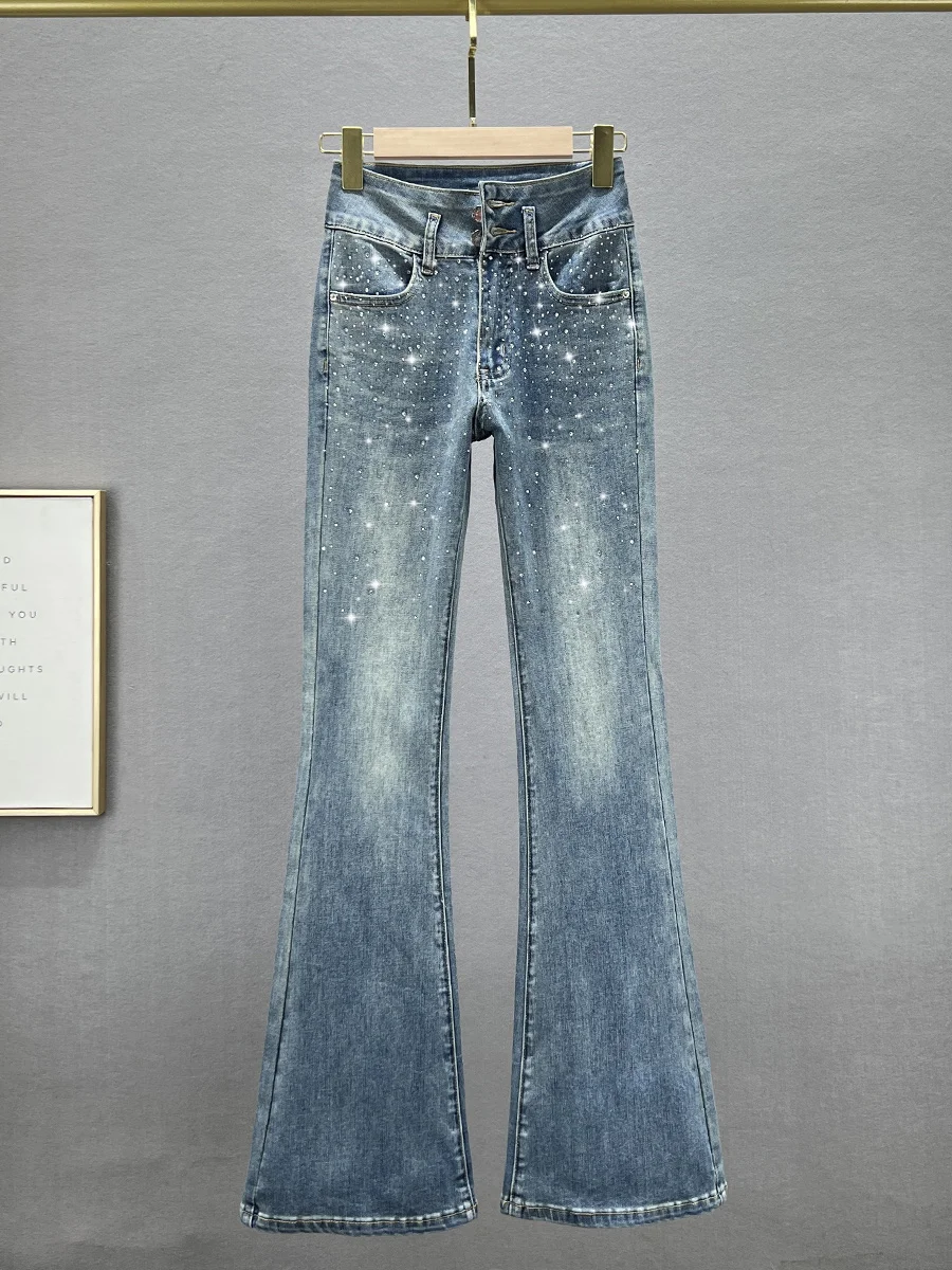 

Модные женские джинсы-клеш с высокой талией, облегающие, украшенные стразами, из эластичного хлопкового денима, весенние длинные брюки