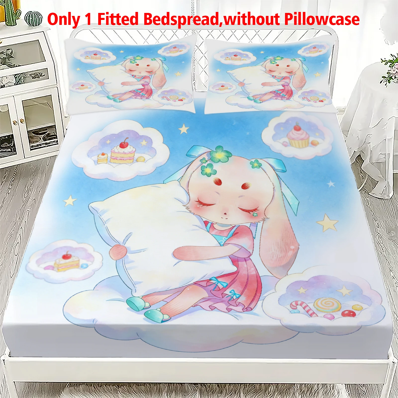 3pcs Fitted Sheet Set Soft Fluff Town Lulu-Sleepy Bunny Breathable Fitted Sheet Set for Home Decor with 2 Pillowcases For Kids