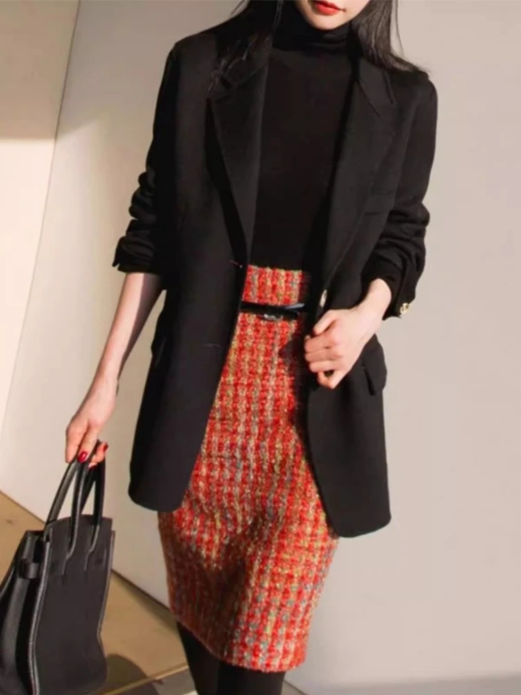 Women’s High Waisted Tweed Pencil Skirt Wool Blended Classic Vintage Midi Skirt for Work, Office Elegant Daily Wear