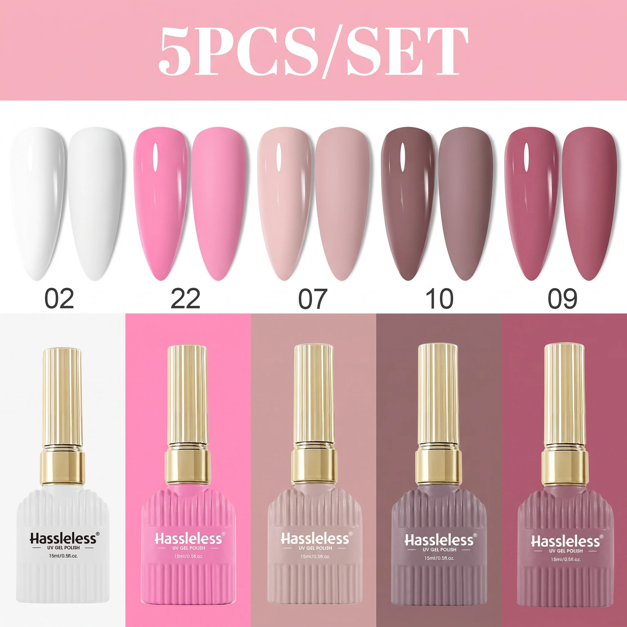 Hassleless 5Pcs Gentle Pink Nail Gel Polish Set, Versatile Nail Kit, Includes White, Pink, Nude Milk Tea Color, Gray Nude Brown, and Gray Bean Paste, Durable and Resistant to Peeling, Long-Lasting and Quick-Drying, Sal