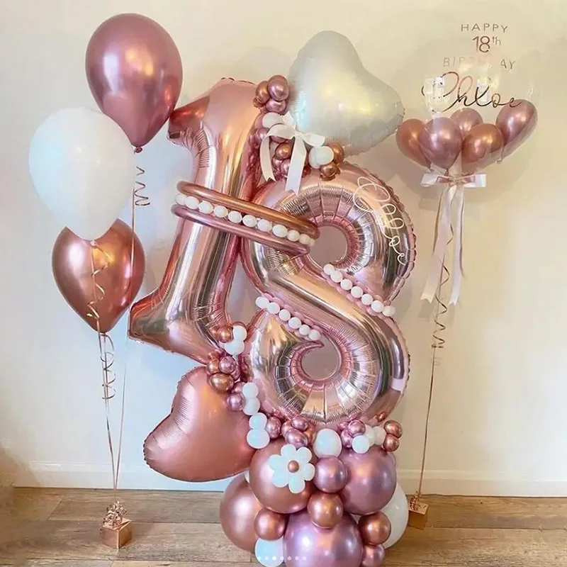 32Pcs Rose Gold Number Foil Balloons Set Metallic Latex Balloons For Happy Birthday 16 18 25 30 40 50 Birthday Party Decorations