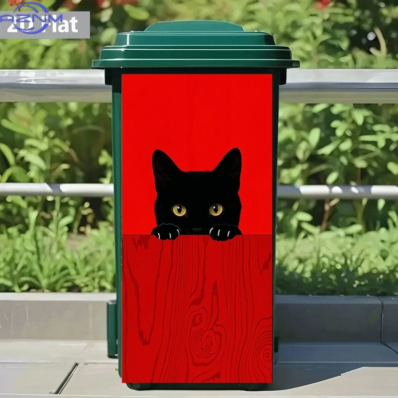 [2D Flat Printing]1pc of Trash Can Sticker[Title Translated, Do Not Change] Red Board Black Cat Peeking Theme Design Wall Stic