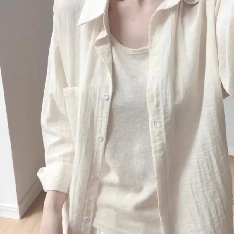 

Blue cotton and linen long-sleeved sunscreen shirt women's jacket summer thin and thin loose casual collar linen shirt