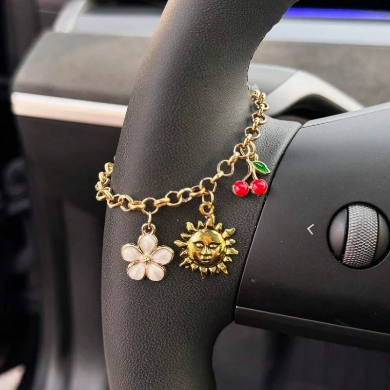 Elegant Pearl Cross Cherry Car Hanging Accessories Cute Steering Wheel&Rearview Mirror Pendant for Women Safe Driving Decoration