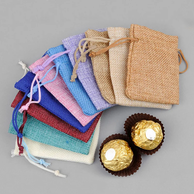 100pcs Drawstring Linen Bags Jute Gift Bags Multi Size Wedding Christmas Candy Storage Bag Jewelry Cloth Bags Can Custom Logo