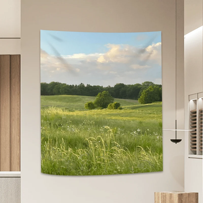VIKAMA Fresh Countryside Tapestry Green Field White Flowers Living Room Bedroom Bed and Breakfast Decoration Natural Art Wall