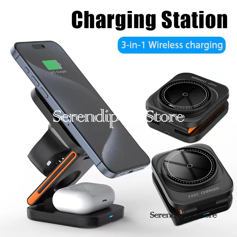 

New Multi Functional Folding Vertical Three In One Fast Charging Suitable Mobile Phone Holder Magnetic Wireless Charger