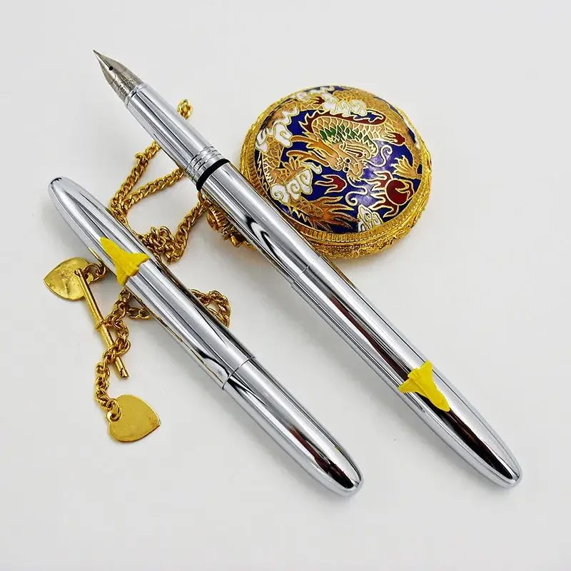 Silver Stainless Steel Aviation Short Fountain Pen F 0.5MM Hooded Nib, with Converter for Office Business School Supplies Pens