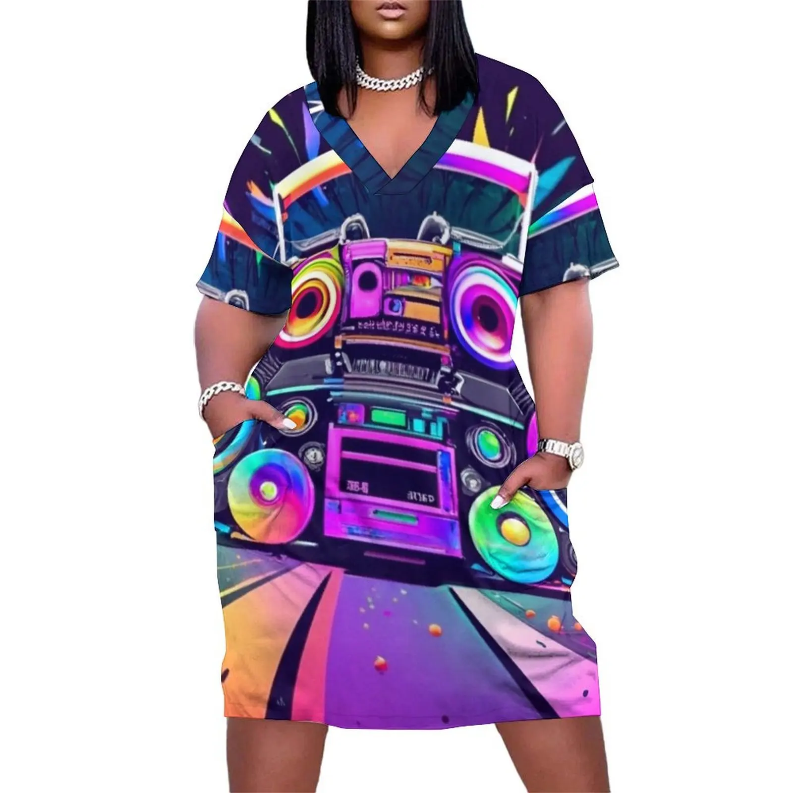 Multi Color 80's Boombox Creative Art Loose Pocket Dress dress for women 2025 dress party night summer daily