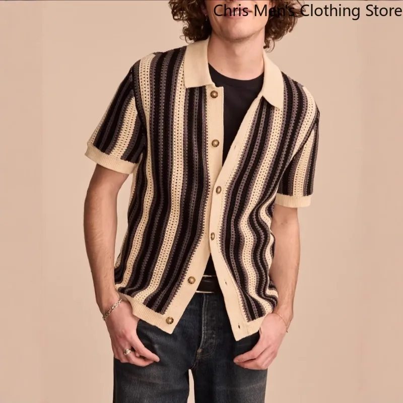 

High Quality Men Vintage Striped Crochet Knitting Shirt Summer Luxurious Business Casual Breathable Knitted Shirt Men's T-shirt