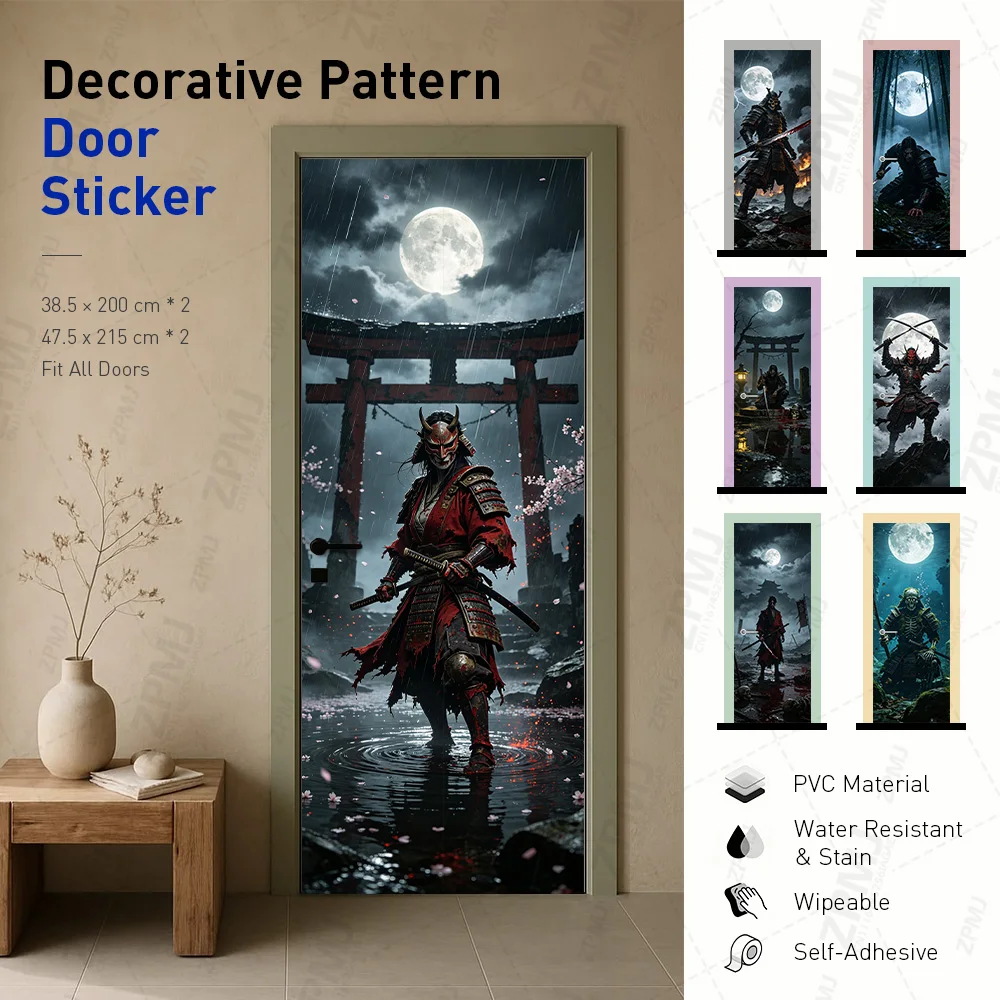 `Japanese Samurai Oni Mask Door Decal, Torii Gate Full Moon, PVC Self-Adhesive Waterproof Wipeable Sticker for Home Decor`