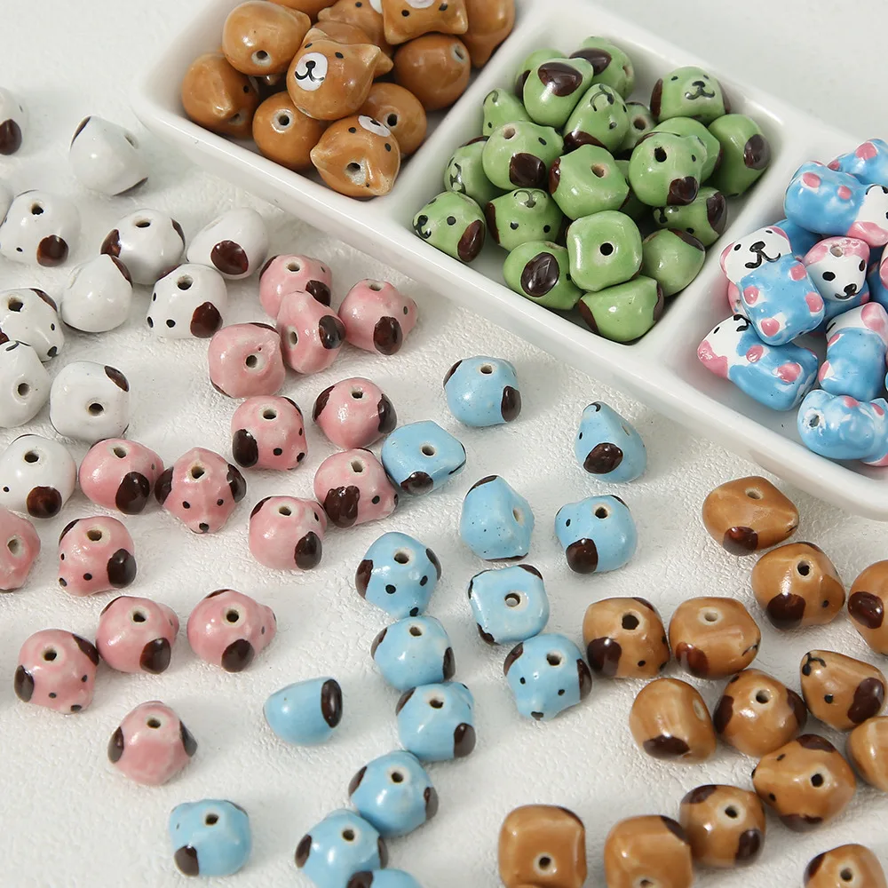 10PCS Ceramics Cute Dog Beads For Jewelry Making Hand Drawn Colored Bear Beads Necklace Bracelet Craft DIY Supplies